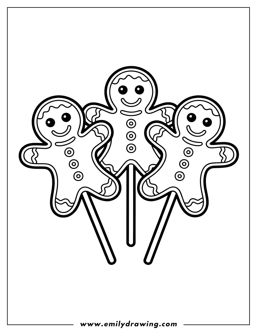 Outline of three gingerbread men lollipops.