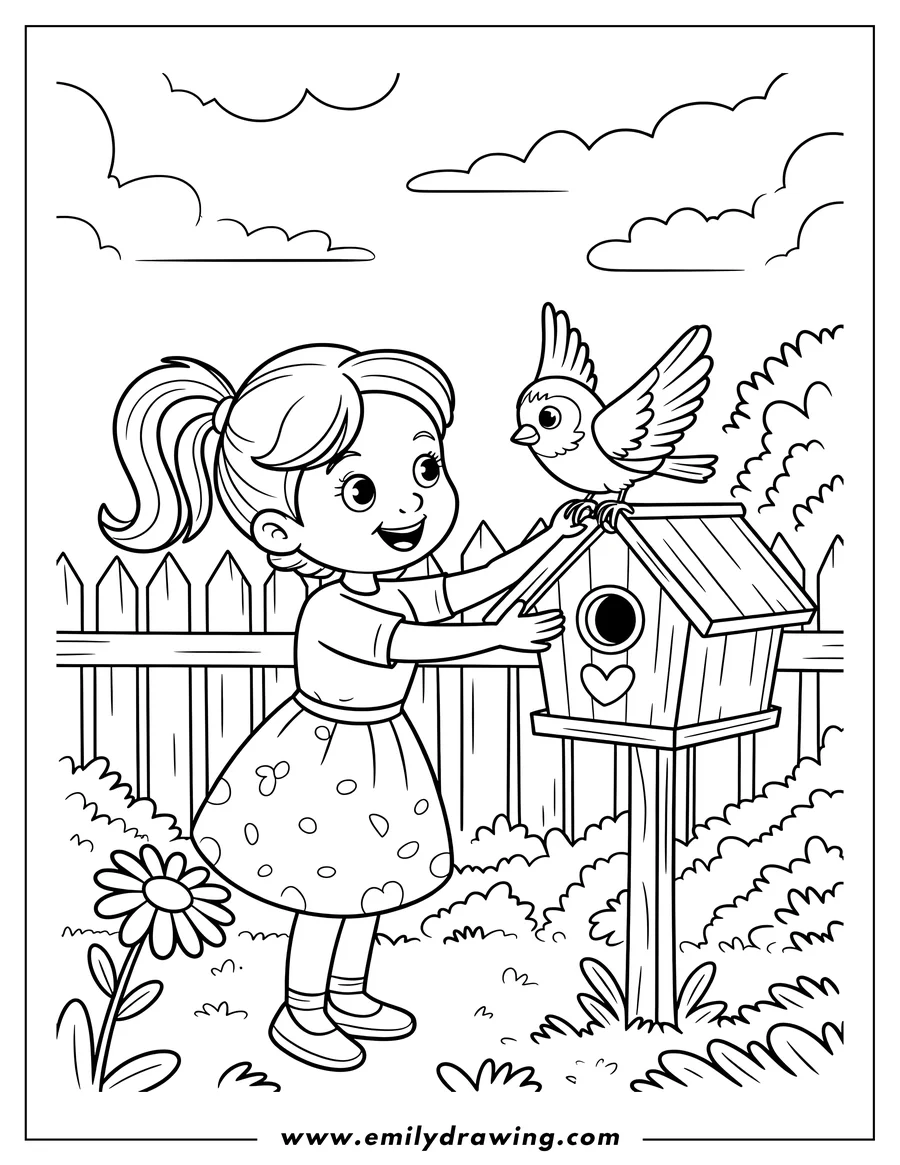 Line art of a young girl with a ponytail standing near a birdhouse as a bird flies down towards it. A fence and flower are in the foreground, and bushes are in the background.