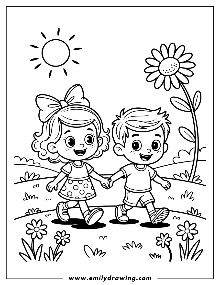 Outline of a girl and boy holding hands, walking outside on a sunny day with flowers and grass around them.