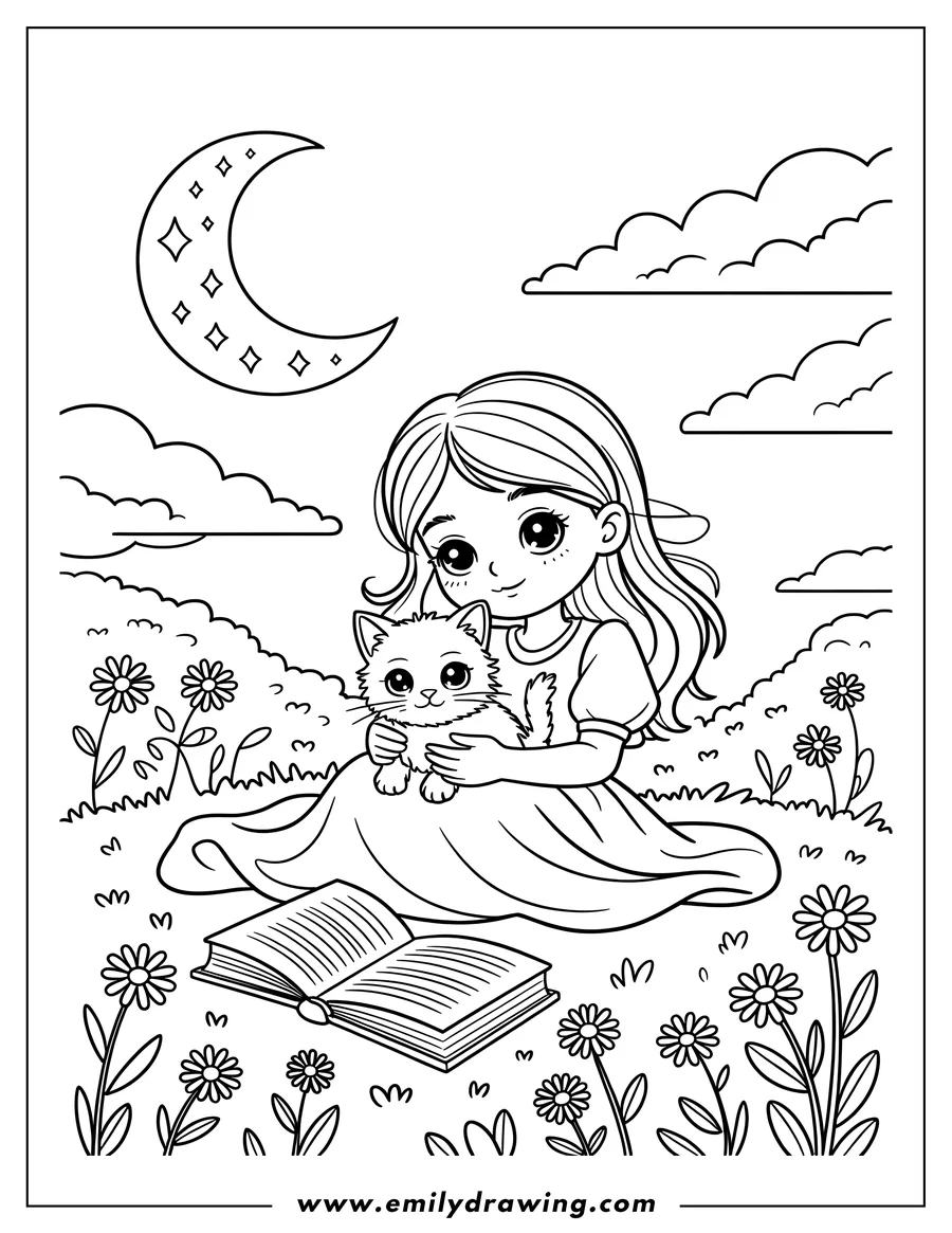 Line art of a girl holding a cat, sitting in a field of flowers under a crescent moon and clouds.