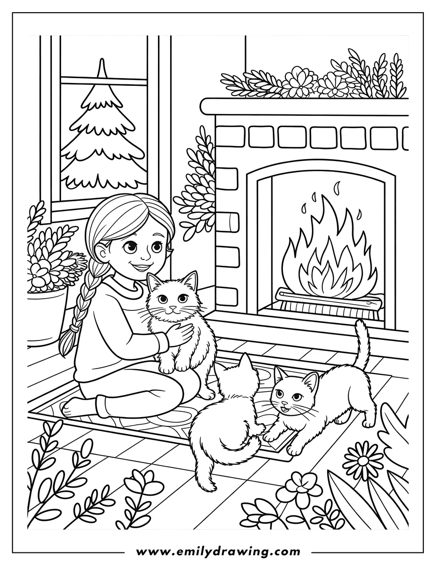 Outline of a girl sitting by a fireplace with three playful kittens. One kitten sits in the girl's arms, while the other two play on the floor.