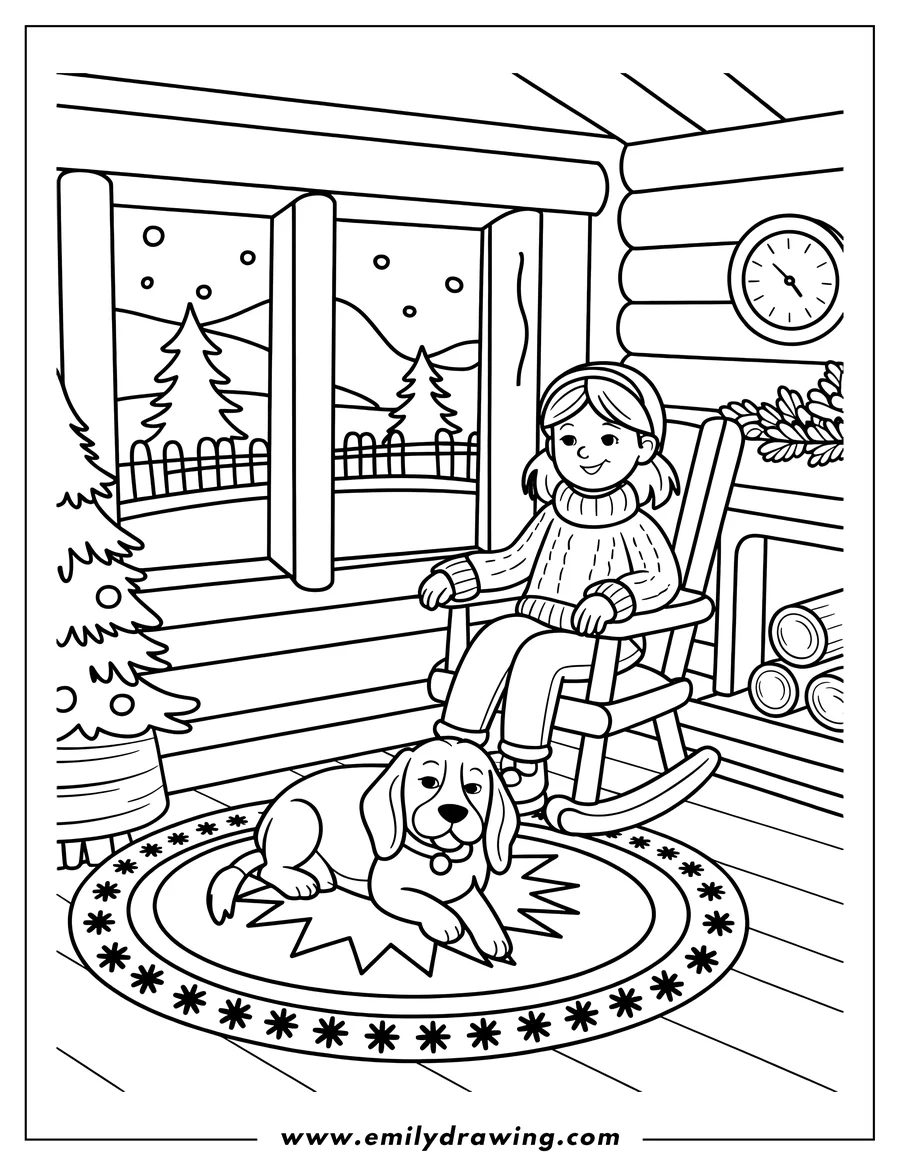 Outline of a girl sitting in a rocking chair by a fireplace with her dog lying on a rug nearby. A Christmas tree is visible, and a snowy scene is seen through the window.