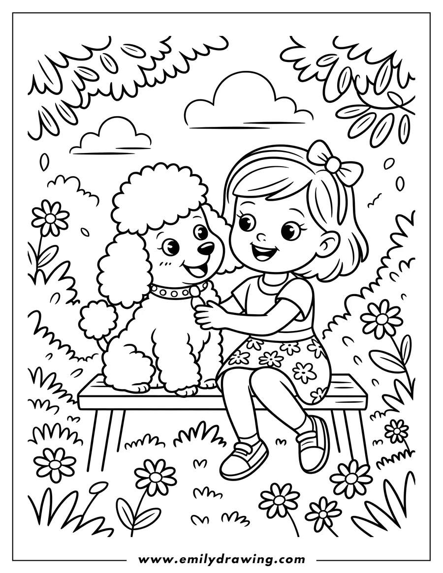 Outline of a girl and a poodle sitting together on a bench in a garden setting. The girl pets the poodle's fluffy fur.