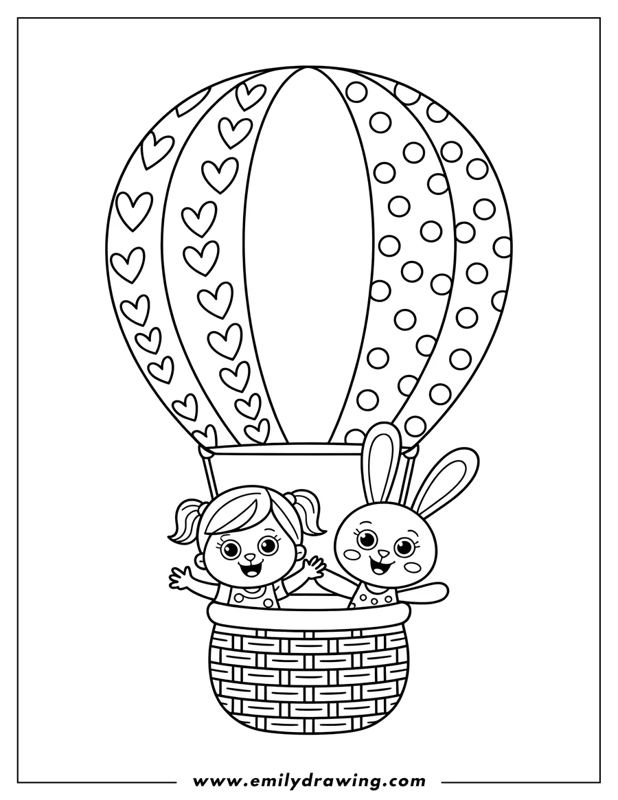 Outline of a girl and a rabbit riding in a hot air balloon basket. The balloon has heart and polka dot patterns.