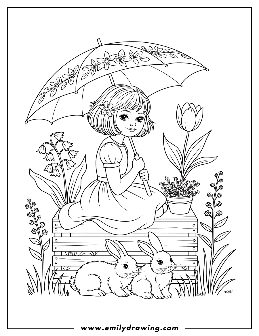 Line art of a girl sitting on a wooden crate holding an umbrella, accompanied by two rabbits and surrounded by flowers.