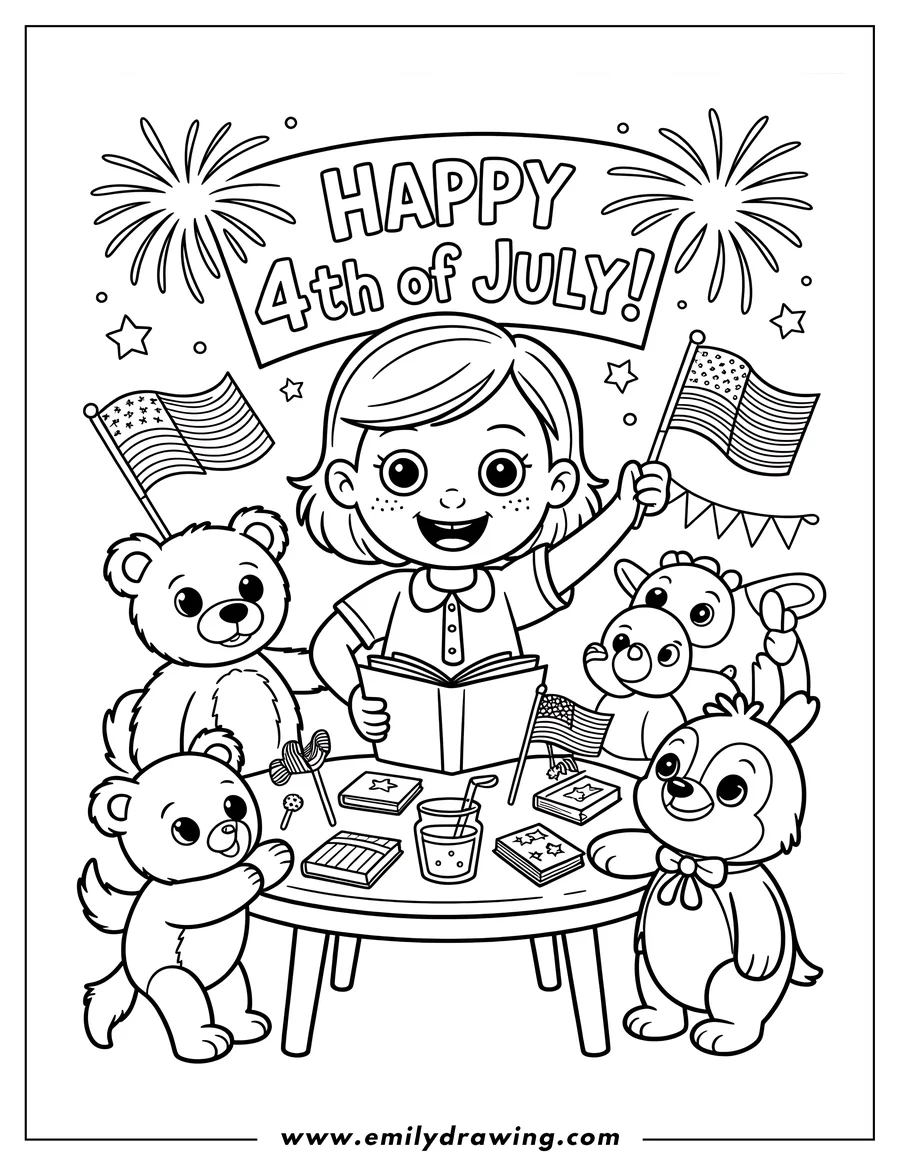 Line art of a girl with her teddy bears celebrating the 4th of July. She's holding an American flag and a book, surrounded by festive treats, small flags, and fireworks in the background.