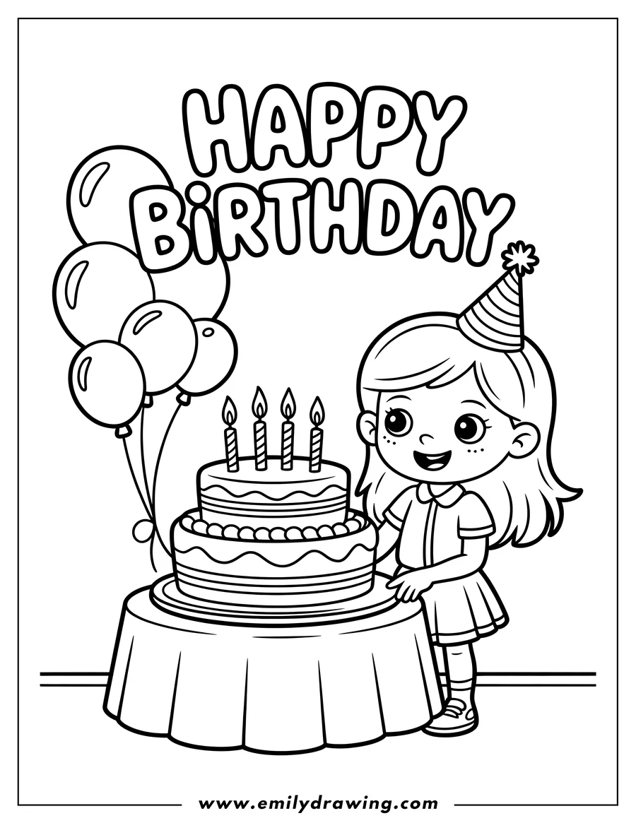 Line art of a girl with a birthday cake and balloons, wearing a party hat.