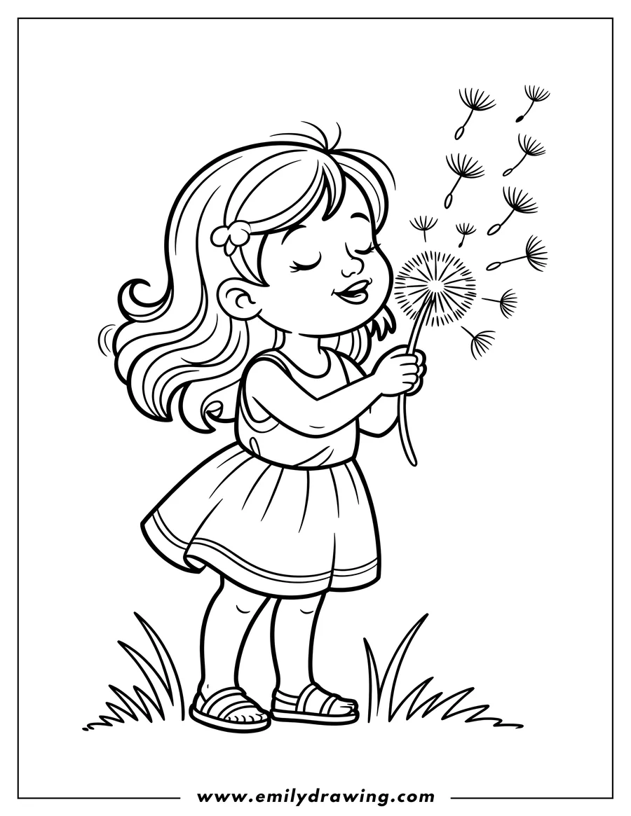Line art of a girl blowing on a dandelion, scattering the seeds in the wind.  She is wearing sandals and a dress and has a flower in her hair.