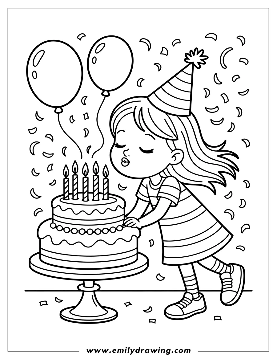 Line art of a girl wearing a party hat, about to blow out the candles on her birthday cake. Two balloons and confetti float in the air behind her.