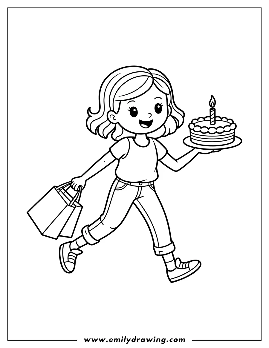 Outline of a girl carrying a birthday cake with a lit candle and a shopping bag.