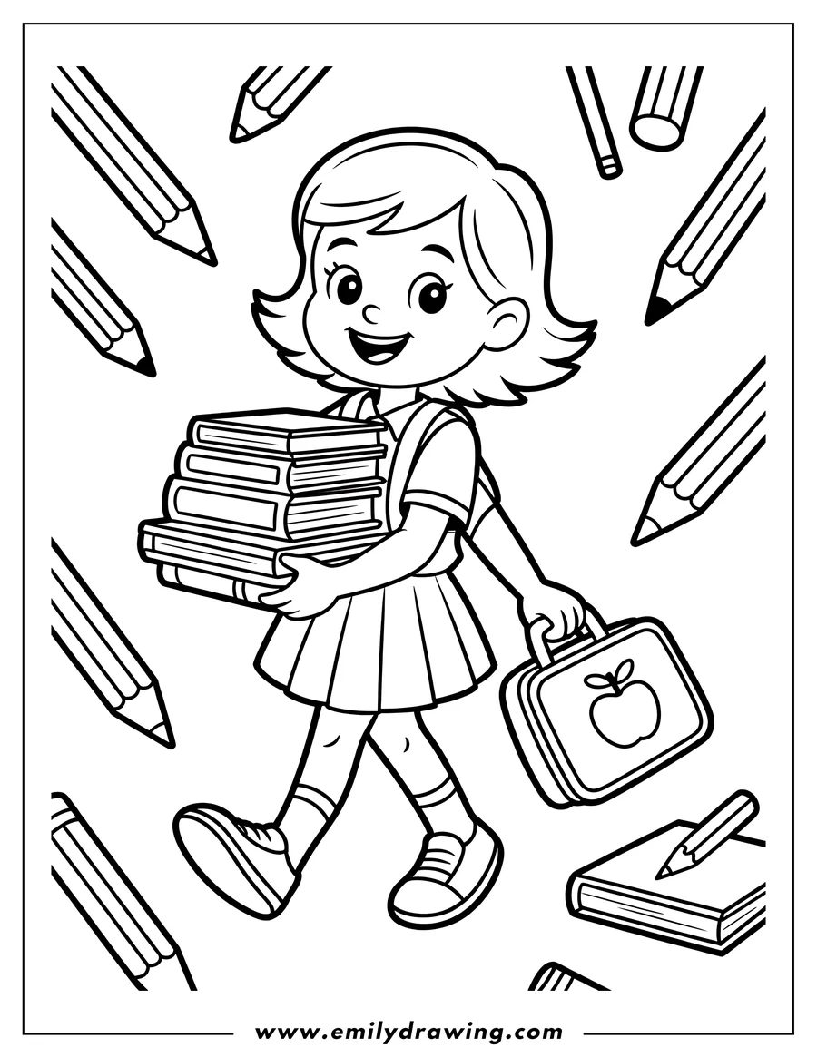 Line art of a girl carrying a stack of books and a lunchbox, ready for school.