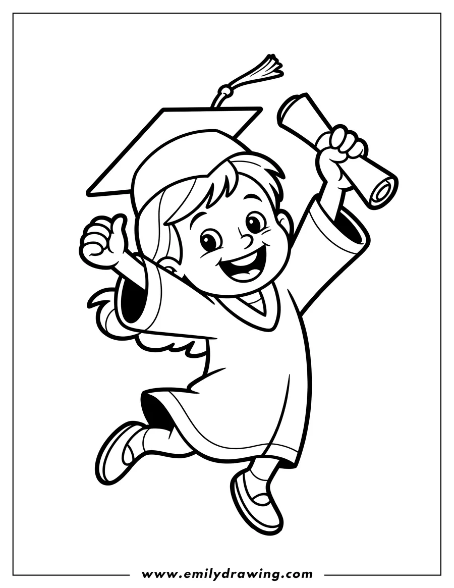 Outline of a cheerful young girl in a graduation cap and gown, jumping with her diploma held high in celebration.