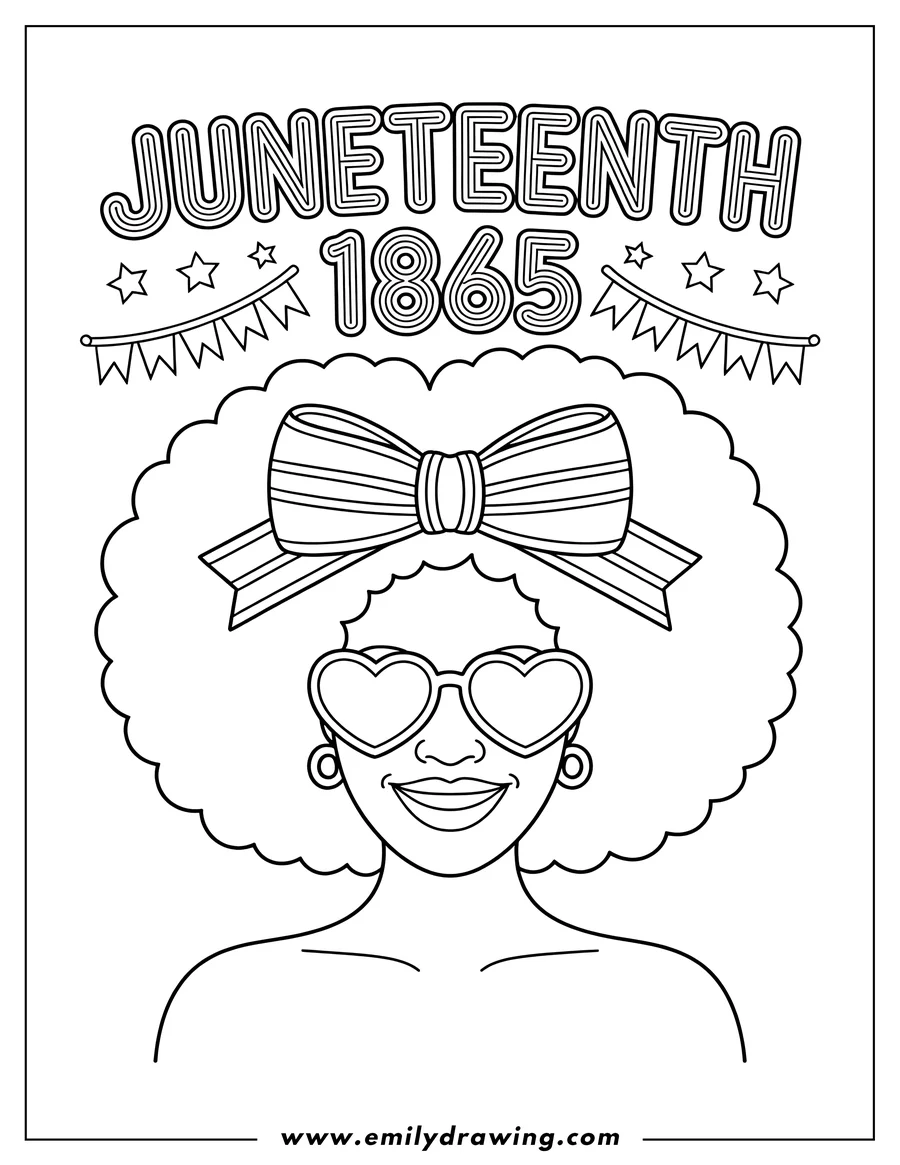 Line art of a girl celebrating Juneteenth. She has a large afro hairstyle with a red, white, and blue bow and is wearing heart-shaped sunglasses. The words 'Juneteenth 1865' are written at the top with festive banners and stars.