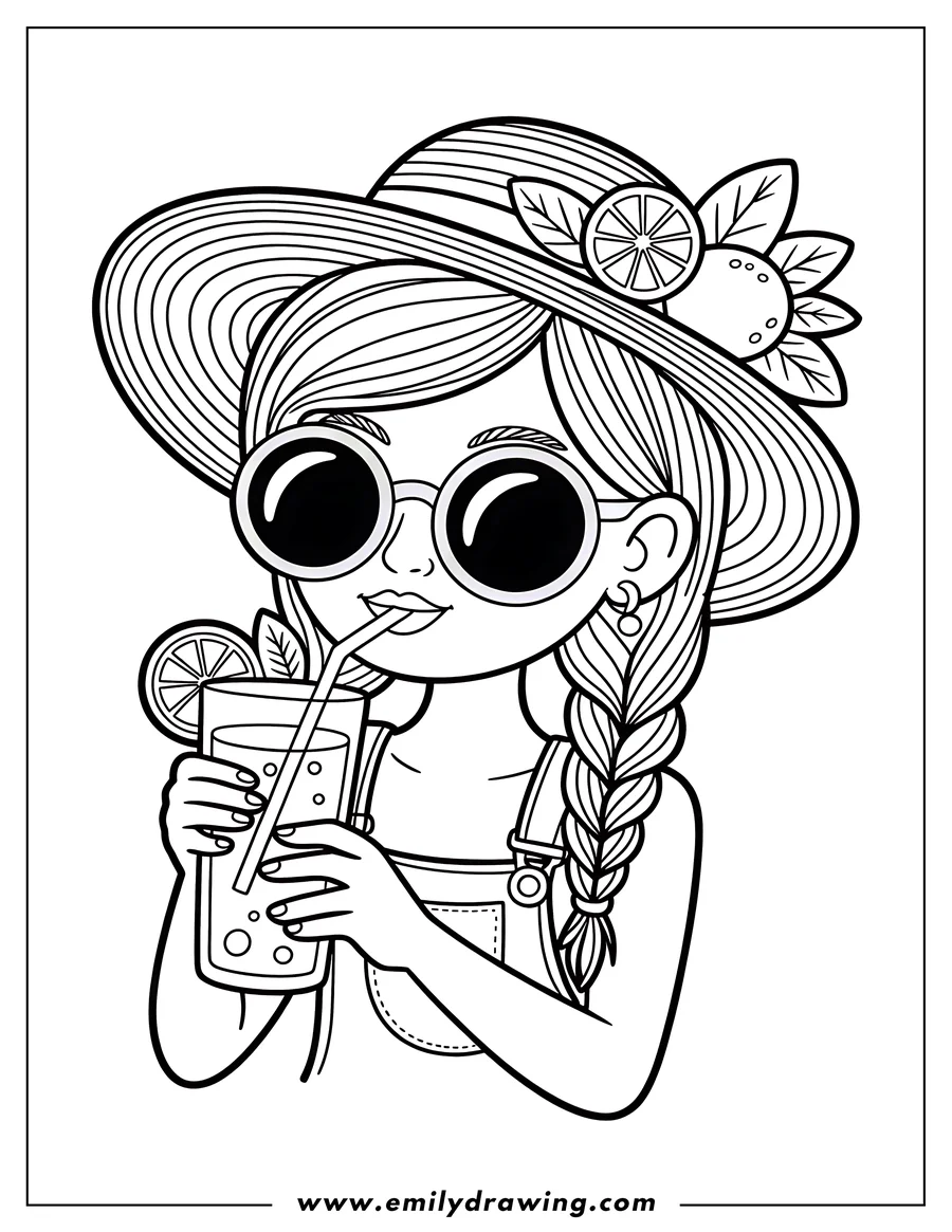 Line art of a girl drinking lemonade. She's wearing a sun hat, sunglasses, and has a braided hairstyle.