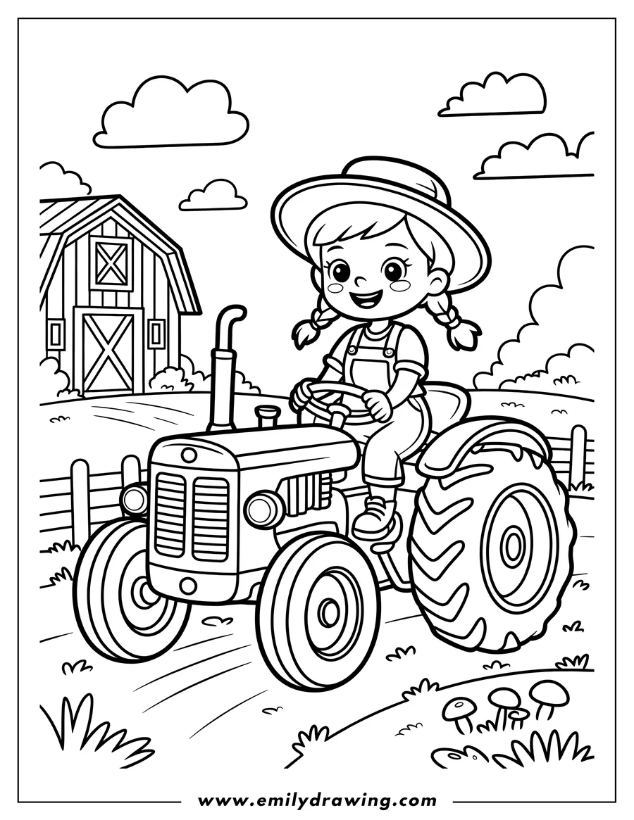 Line art of a girl driving a tractor on a farm, with a barn and fence in the background.