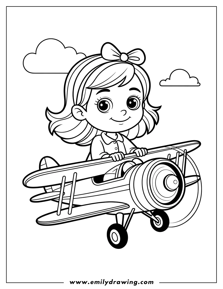 Line art of a girl piloting a biplane with clouds in the background.