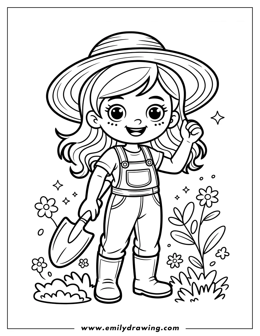 Line art of a girl wearing overalls, boots, and a sun hat, holding a shovel and ready to garden. Small flowers and plants surround her.