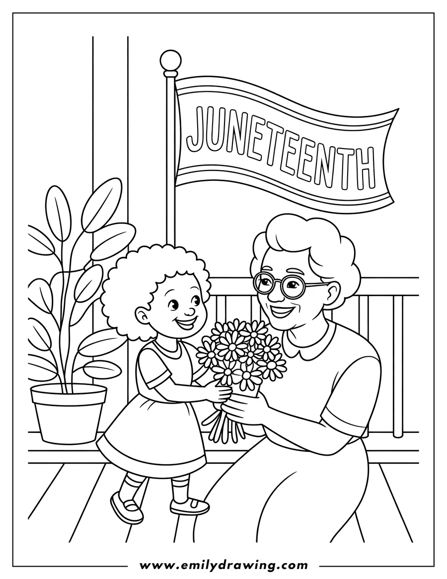 Line art of a girl giving flowers to her grandma on Juneteenth. A Juneteenth banner hangs in the background.