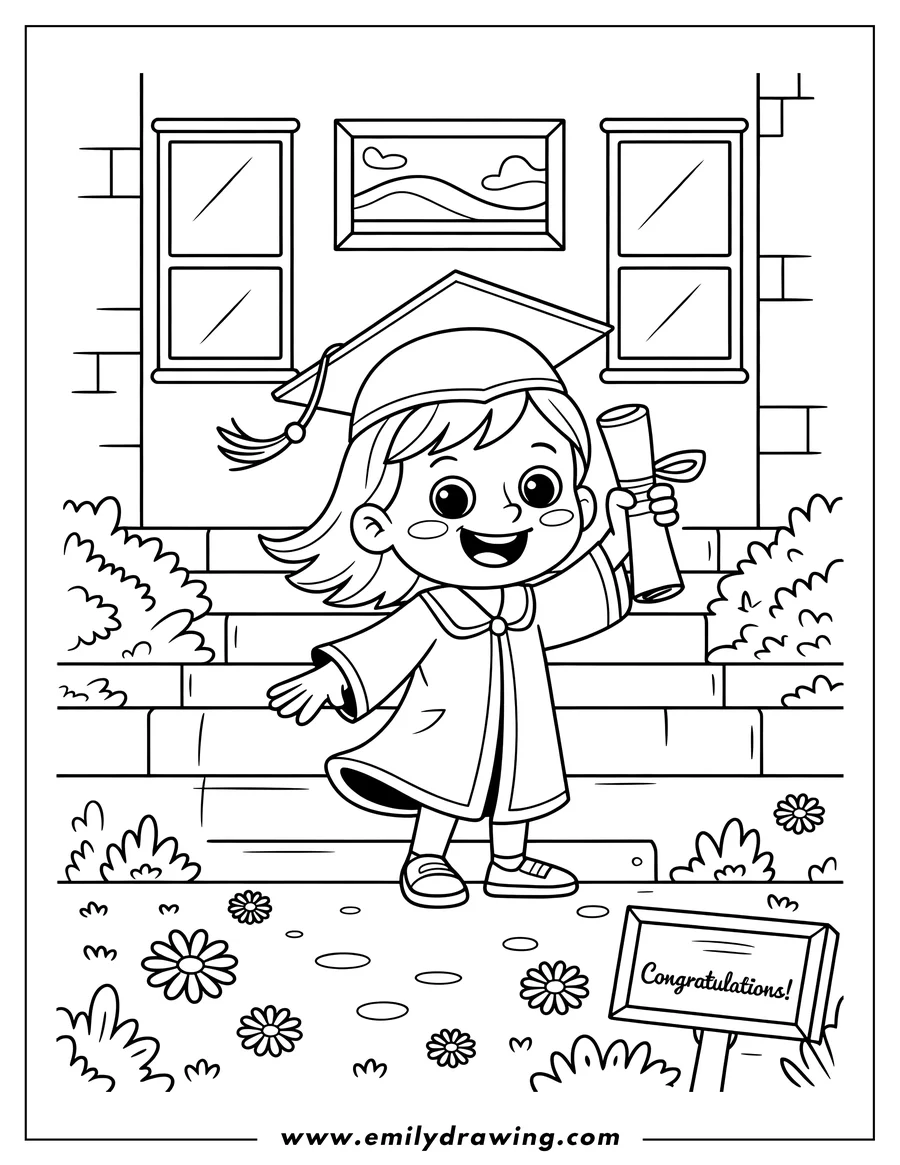Line art of a girl in a graduation cap and gown holding her diploma in front of a building. A sign that says 'Congratulations!' is on the lawn.