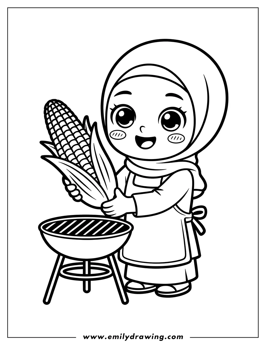 Line art of a girl grilling corn on the cob. She's wearing an apron and head scarf and smiling.