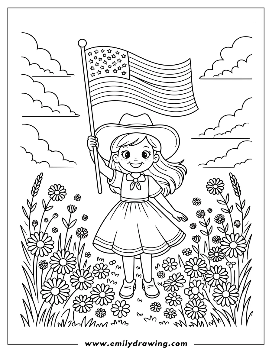 Line art of a girl in a field of flowers holding an American flag. She wears a cowgirl hat and dress.