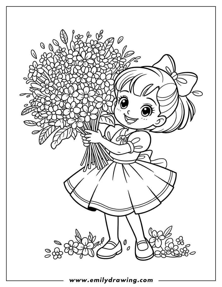 Line art of a cheerful girl holding a large bouquet of flowers.
