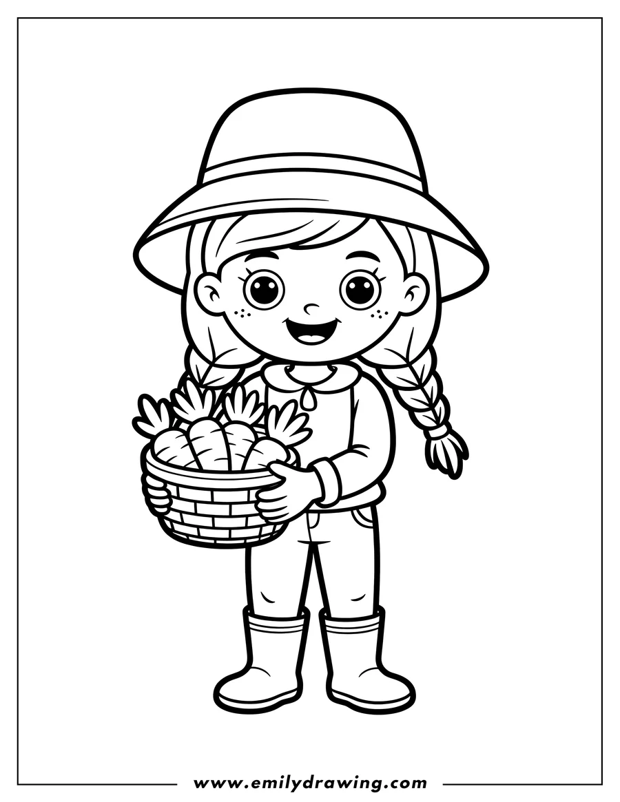 Line art of a girl wearing a sun hat and boots holding a basket full of carrots.