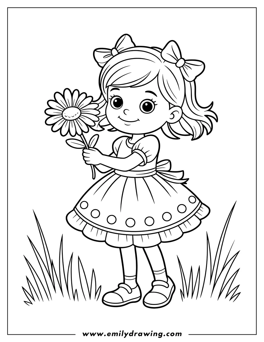Line art of a young girl holding a large daisy flower. She's dressed in a frilly dress and wearing bows in her hair and simple shoes, standing in a patch of grass.