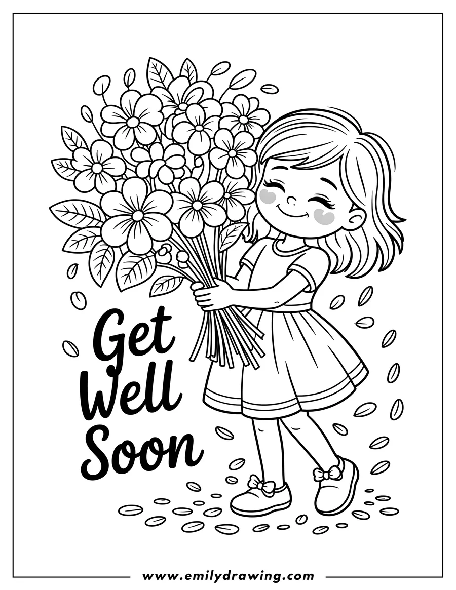 Line art of a girl in a dress and Mary Jane shoes holding a bouquet of flowers. There's text that says 
