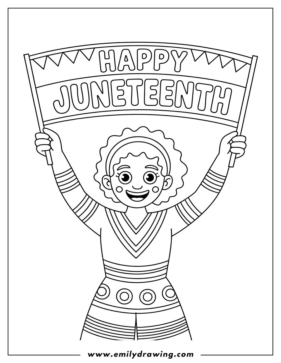 Line art of a girl holding a banner that says Happy Juneteenth. She is smiling and wearing a patterned dress.