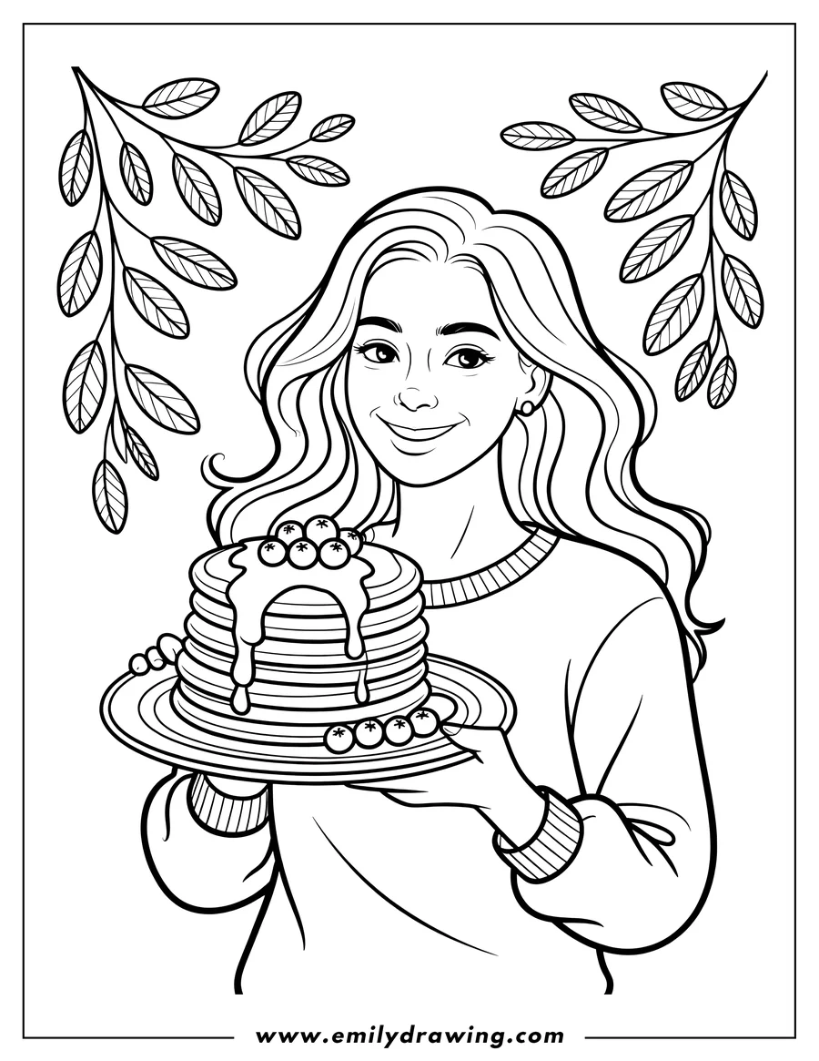 Line art of a girl holding a plate of pancakes topped with syrup and blueberries.