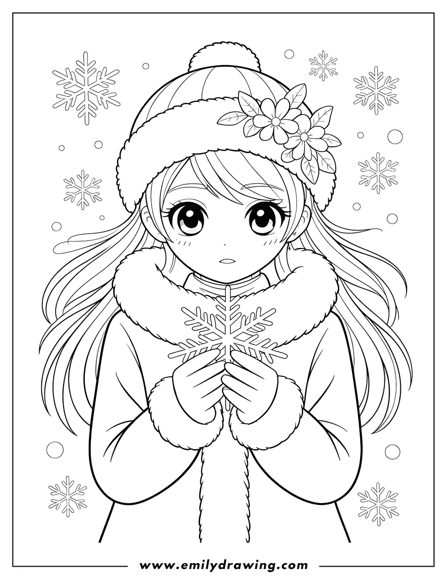 Line art of a girl wearing a winter hat and mittens, holding a large snowflake. Smaller snowflakes and dots representing snow surround her.
