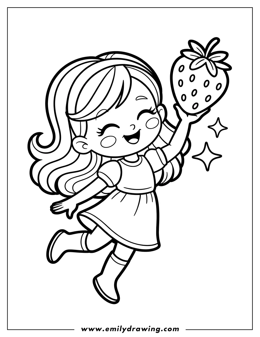 Line art of a happy girl holding a large, ripe strawberry.