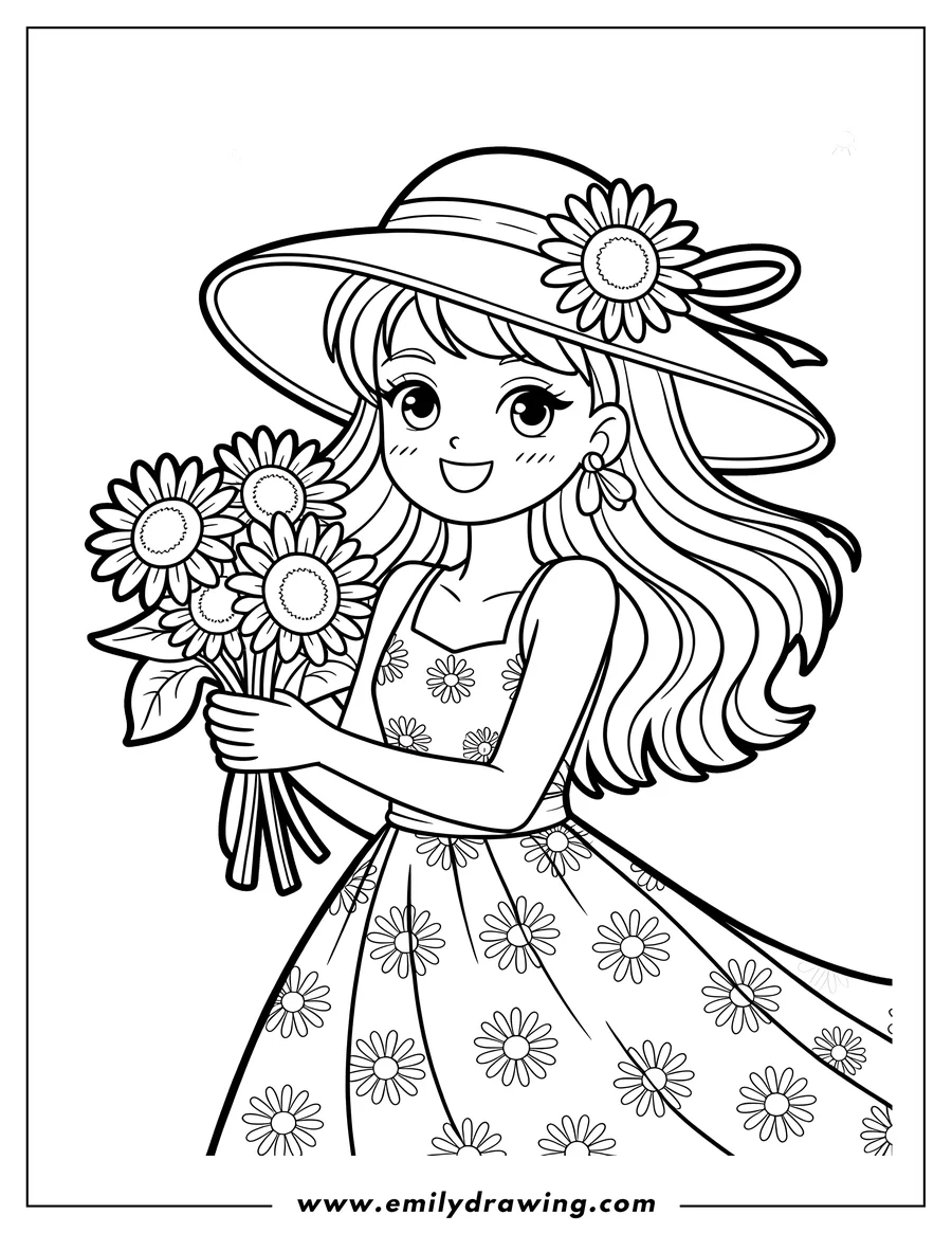 Line art of a girl in a dress and hat holding a bouquet of sunflowers. Her dress and hat are decorated with daisies.