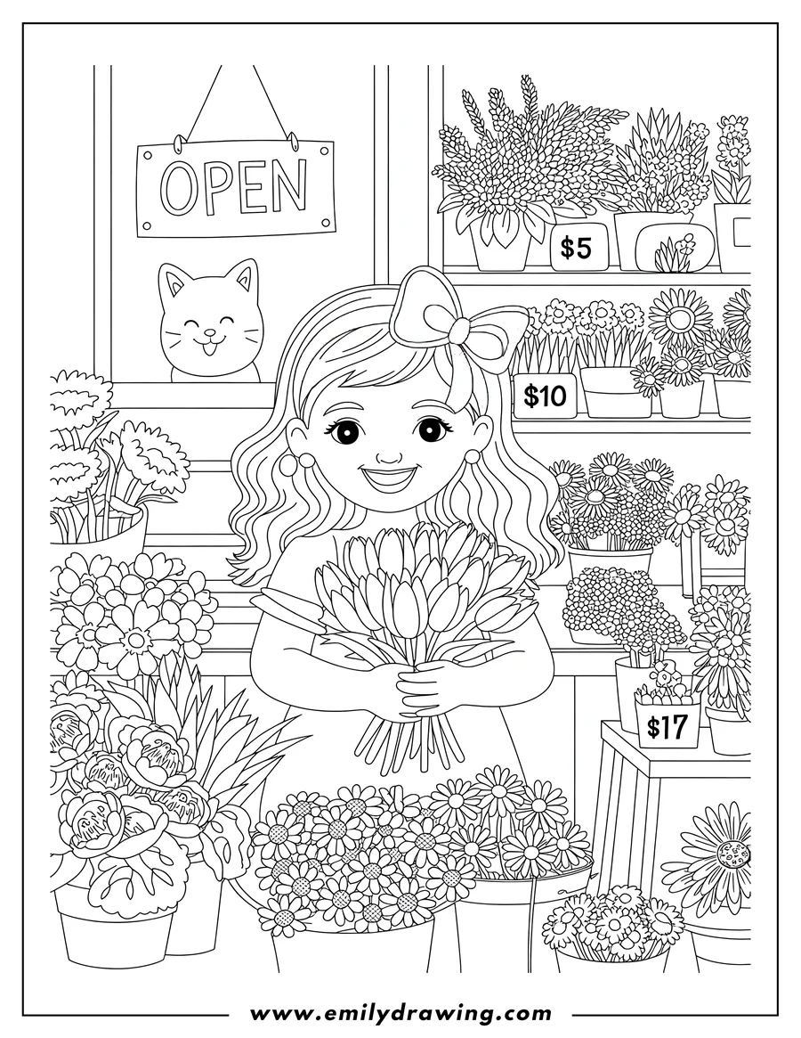 Outline of a girl holding a bouquet of tulips in a flower shop, surrounded by various potted flowers and a cat in the window.