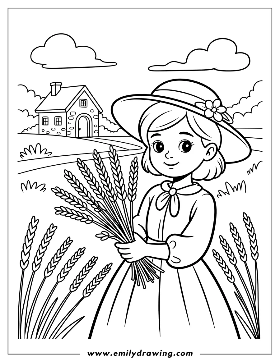 Outline of a girl wearing a sunhat and holding a sheaf of wheat, with a farmhouse and field in the background.