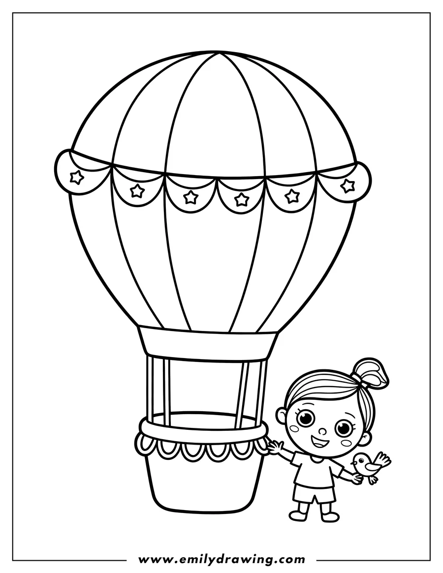 Outline of a girl holding a small bird next to a hot air balloon basket