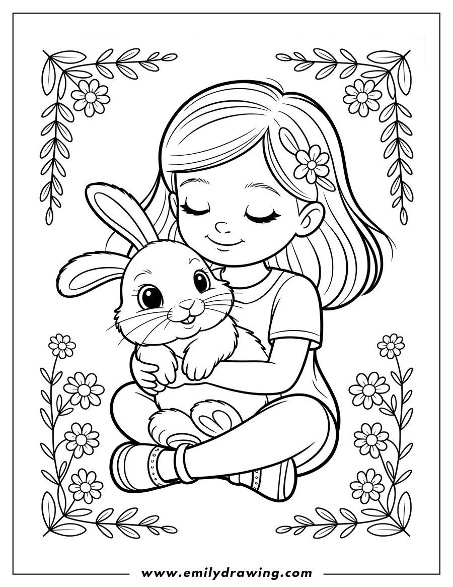 Outline of a girl hugging a bunny surrounded by a simple floral border.