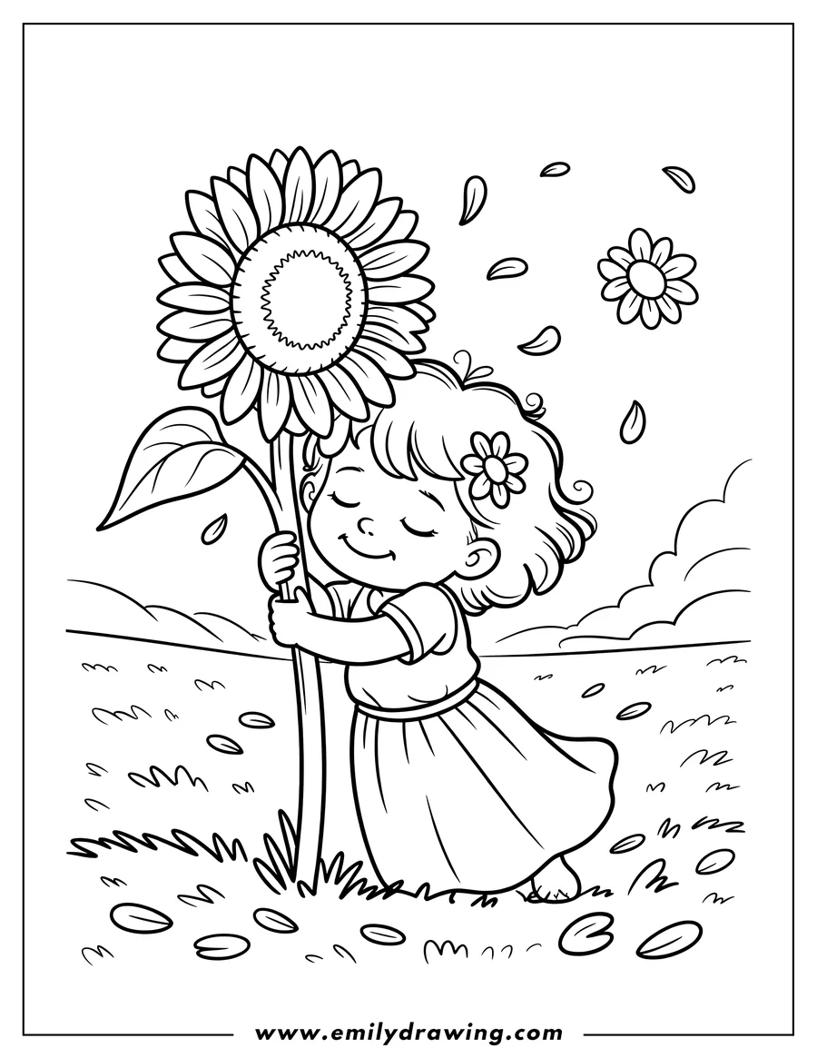 Outline of a girl with a flower in her hair, hugging a large sunflower in a field with falling petals.