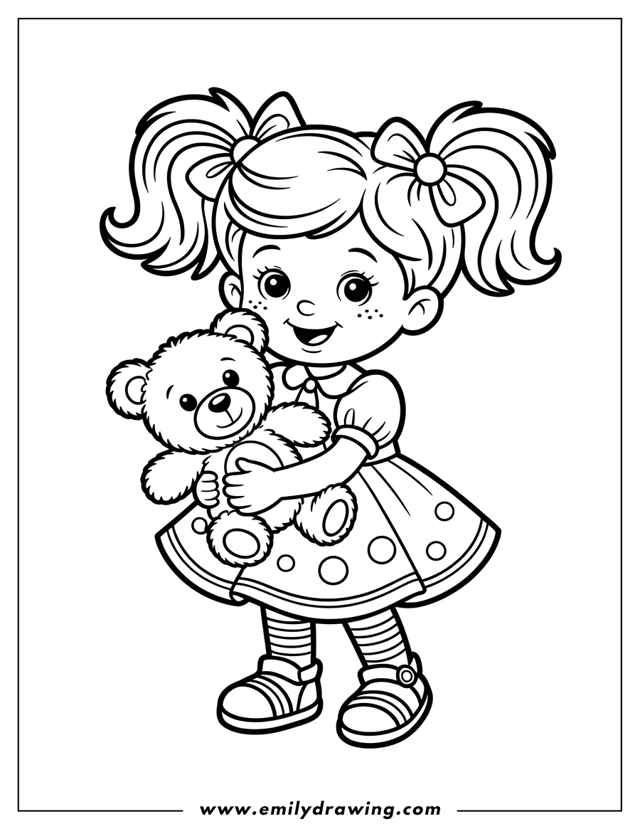 Line art of a young girl hugging a teddy bear. She's wearing a dress with large polka dots and has her hair in pigtails with bows.