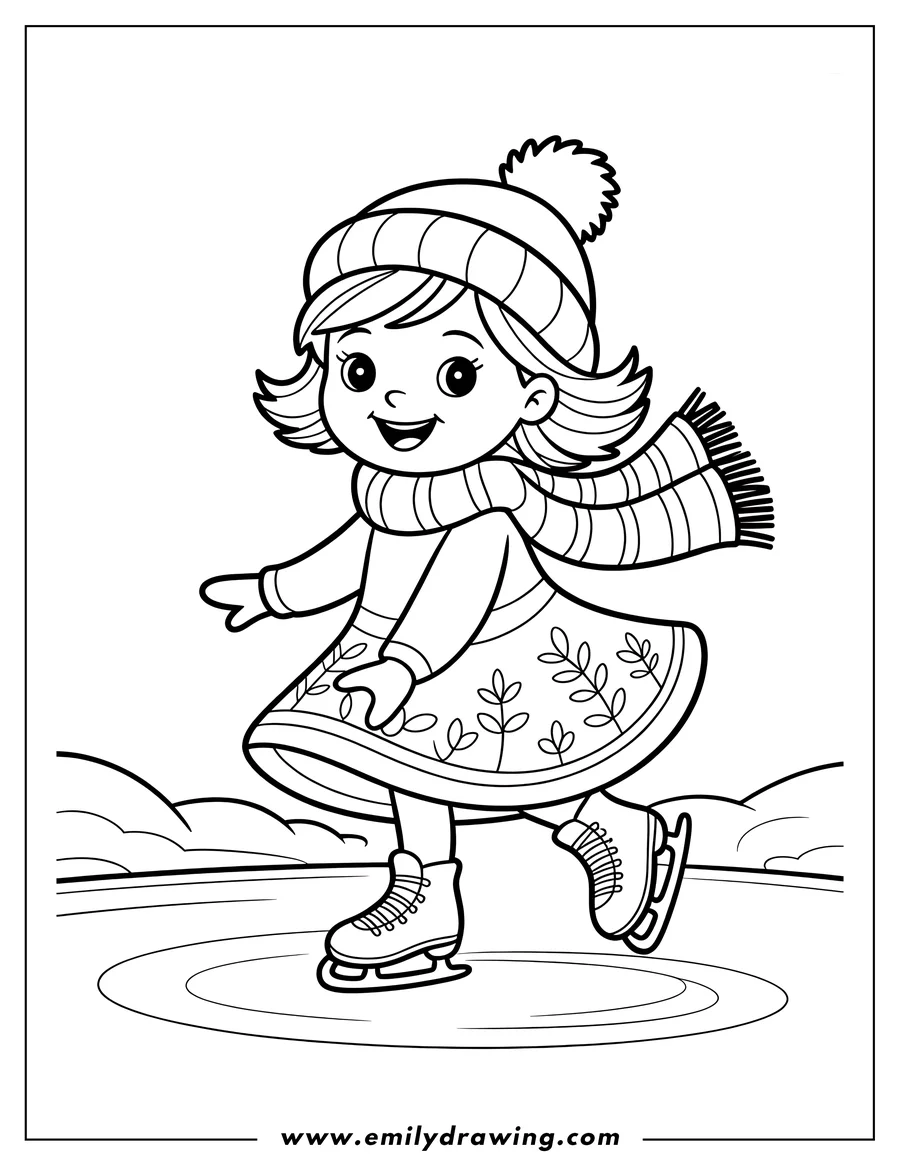 Line art of a girl ice skating on a frozen pond. She wears a winter hat, scarf, and a dress with leaf patterns.