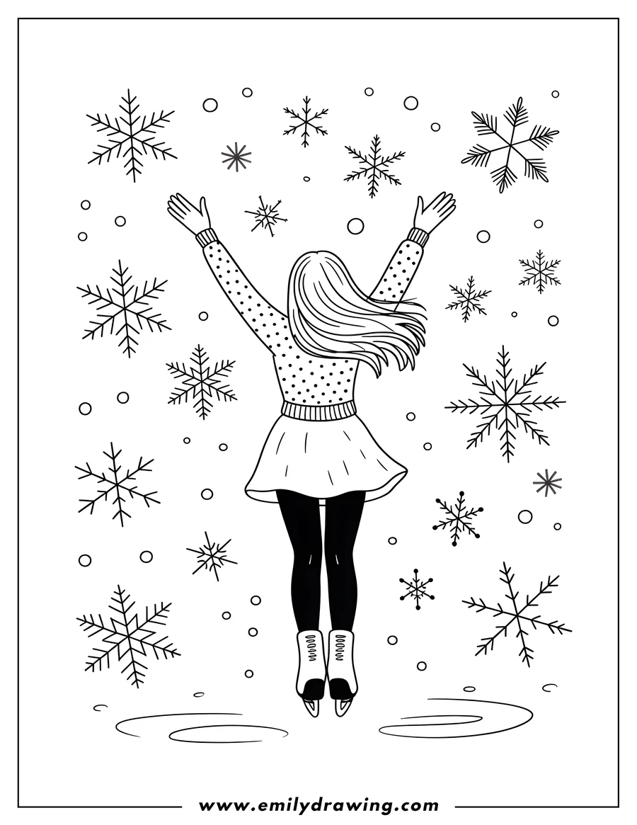 Line art of a girl ice skating with her arms outstretched as snowflakes fall around her.