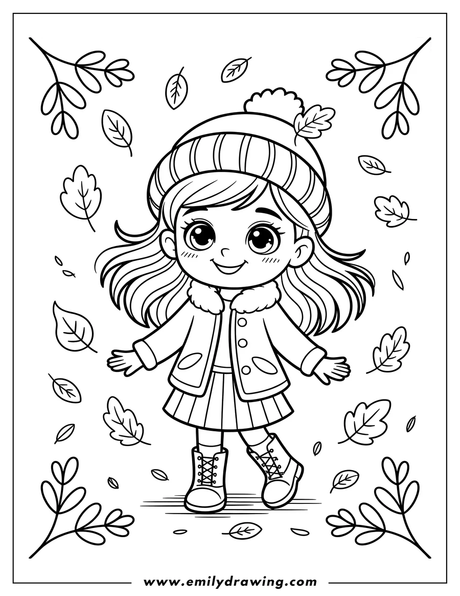 Outline of a girl wearing a warm hat, jacket and boots, standing cheerfully amidst falling autumn leaves. 