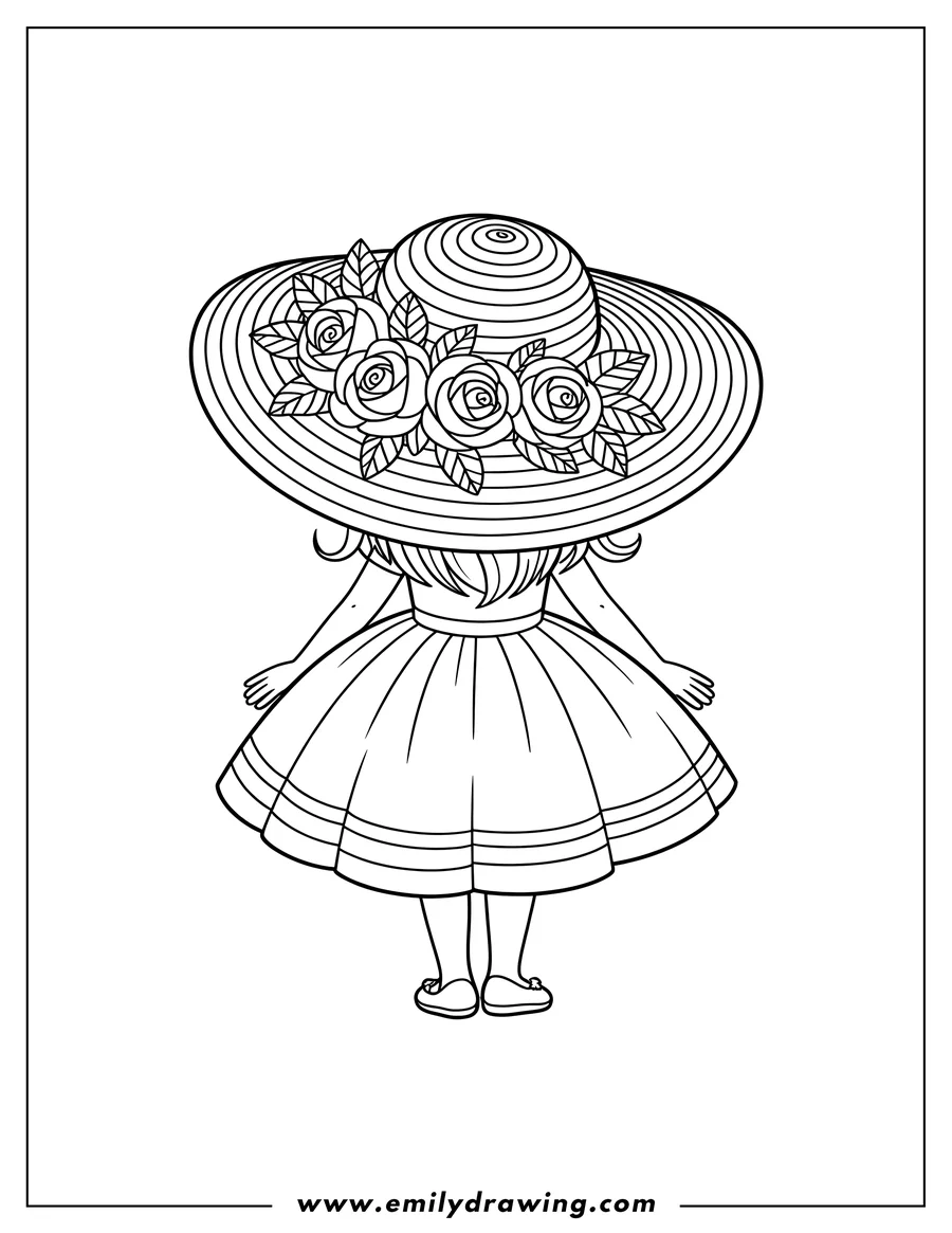 Line art of a girl from behind wearing a large brimmed hat decorated with roses. She is wearing a dress and shoes.