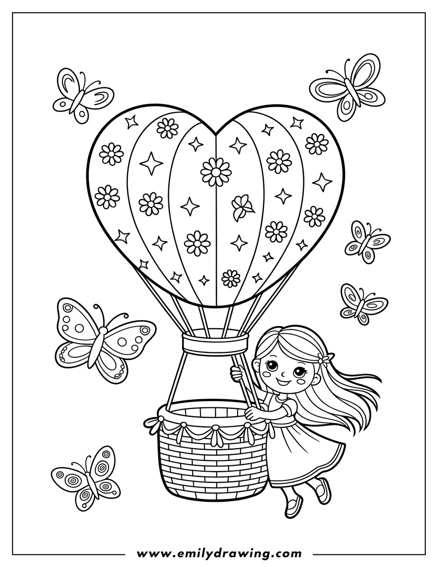 Line art of a girl riding in a heart-shaped hot air balloon with butterflies surrounding her.