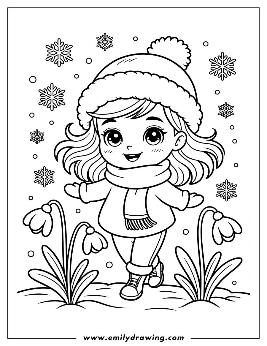 Line art of a girl wearing a winter hat and scarf, standing near snowdrop flowers, with snowflakes falling around her.