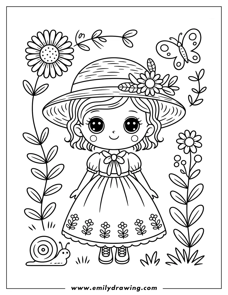 Line art of a girl wearing a sun hat and dress decorated with flowers. A butterfly and snail are also present in the scene.