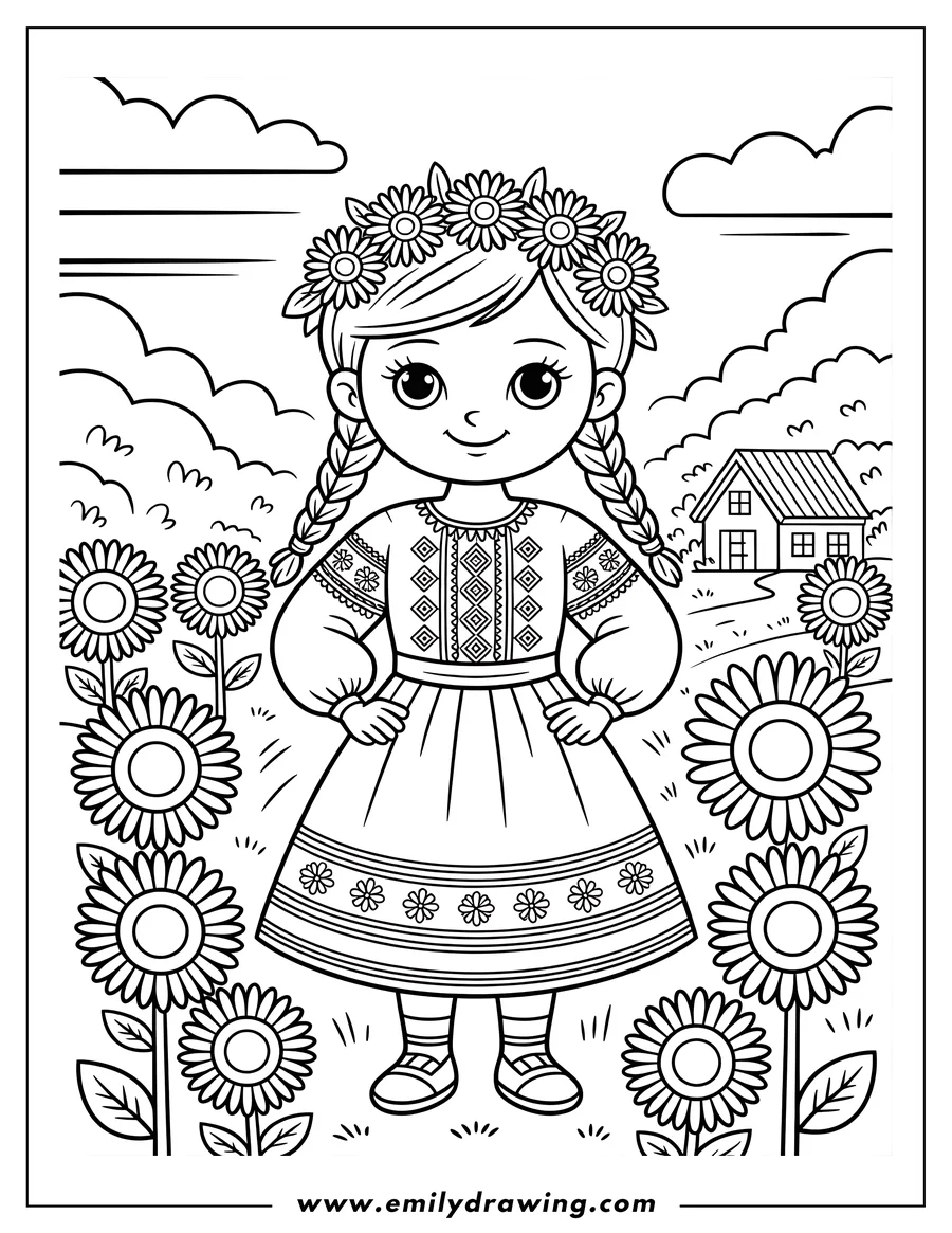 Line art of a girl wearing a traditional dress with embroidered details and a flower crown, standing in a field of sunflowers near a small house.