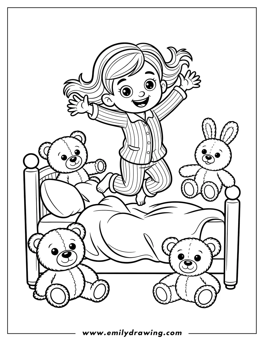 Line art of a girl in pajamas jumping joyfully on her bed, surrounded by three teddy bears and a bunny plush toy.