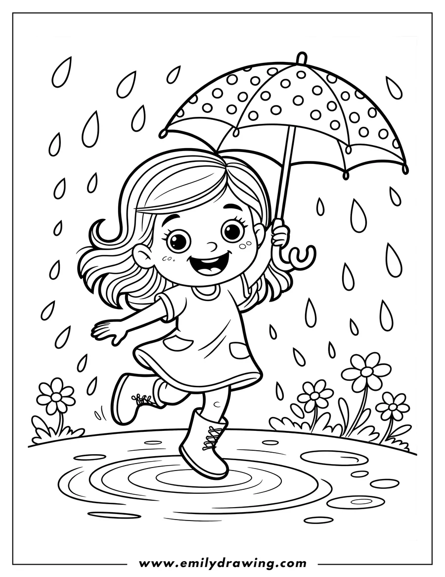 Line art of a cheerful girl with an umbrella jumping in puddles on a rainy day. Flowers are visible in the background.